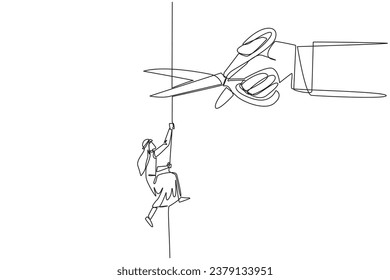Continuous one line drawing Arab businessman climbs rope. Metaphor of struggling to advance business. Business failed to develop. Sabotaged by colleague. Single line draw design vector illustration