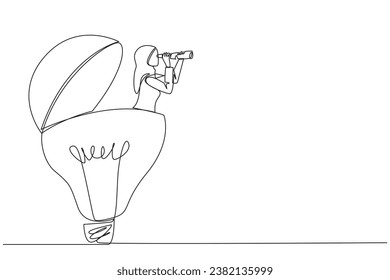 Continuous one line drawing Arab businesswoman emerges from lightbulb look for something with binoculars. Looks for best ideas to apply to the business. Single line draw design vector illustration