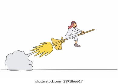 Continuous one line drawing Arab businessman riding broom rocket flying in the sky. Startup business launch. Unique products offered in market competition. Single line draw design vector illustration