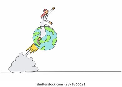 Una línea continua dibujando a un hombre de negocios árabe montando esfera globo aerostático volando en el cielo. Expansión de negocios global, sucursal abierta de empresa en nueva ubicación. Ilustración vectorial de diseño de líneas simples