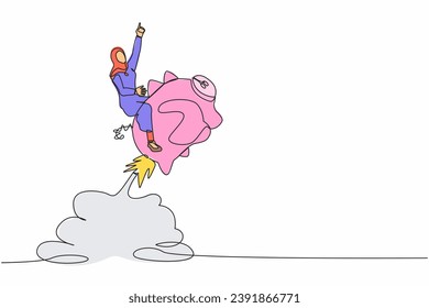 Continuous one line drawing Arab businesswoman riding piggy bank rocket flying in the sky. Financial, business opportunity to success with competitors or winner. Single line design vector illustration