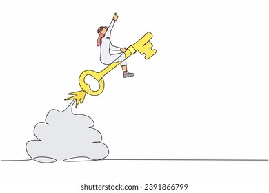 Una línea contínua dibujando a un empresario árabe montando cohetes de llave volando en el cielo. Descubra el éxito clave, desbloquee la creatividad secreta para alcanzar los objetivos empresariales. Ilustración vectorial de diseño de líneas simples