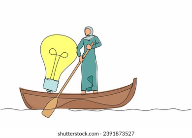 Continuous one line drawing Arab businesswoman standing in boat and sailing with light bulb. Manager searching idea or vision. Success business innovation. Single line draw design vector illustration