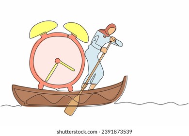 Una línea contínua dibujando a una empresaria árabe parada en bote y navegando con reloj despertador. El administrador se escapa de la fecha límite del proyecto. Problema de gestión del tiempo. Ilustración vectorial de diseño de líneas simples