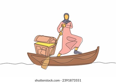 Continuous one line drawing Arab businesswoman standing in boat and sailing with treasure chest. Success financial. Money laundering, political corruption. Single line draw design vector illustration