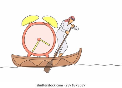 Continuous one line drawing Arab businessman sailing away on boat with alarm clock. Time management in business project deadline. Success business. Single line draw design vector graphic illustration