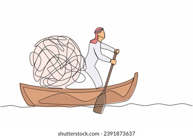 Continuous one line drawing Arab businessman sailing away on boat with messy line. Stressed office worker escape from chaotic or anxiety minded. Mental health. Single line design vector illustration