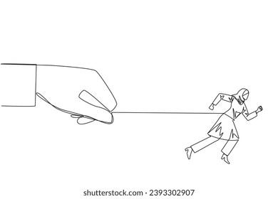Continuous one line drawing Arab businesswoman run but stomach is tied. Running business but not able to control it. There is ruler who controls everything. Single line draw design vector illustration