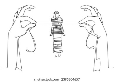 Continuous one line drawing Arab businessman standing and tied by rope held by 2 giant hands. Captured by criminals. Demanding ransom. Helpless. Detained. Single line draw design vector illustration