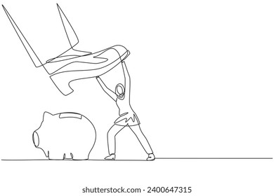 Continuous one line drawing Arab businesswoman holds back giant foot wants to step on piggy bank. Arbitrarily. Sovereigns wants to take investment value. Single line draw design vector illustration