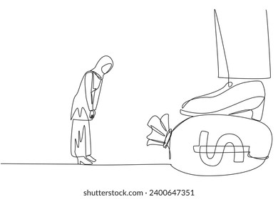 Continuous one line drawing Arab businesswoman nodded in front of the giant foot stepping on money bag. Deal that makes it difficult to make big profits. Single line draw design vector illustration