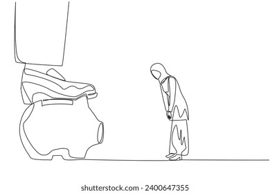 Continuous one line drawing Arab businesswoman nodded in front of giant foot that stepped on piggy bank. Request to release assets as additional capital. Single line draw design vector illustration