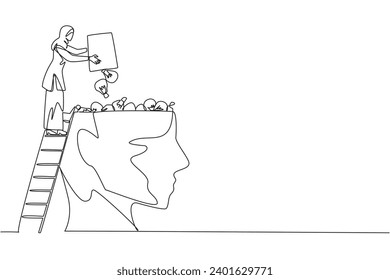 Continuous one line drawing Arab businesswoman climb to the large, open head with stairs. Throw away the lightbulb. Putting down the best solution. Profit. Single line draw design vector illustration