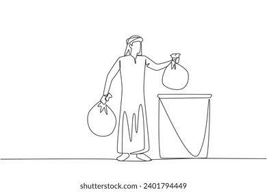 Continuous one line drawing Arab man puts rubbish bag into the trash can. Environmental care. Join the cleanliness campaign. For a healthy body and soul. Single line draw design vector illustration