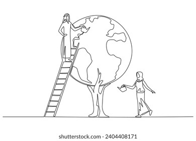 Continuous one line drawing Arab man climbs a ladder watering a tree whose leaves form a globe. Invitation to plant trees. Preserving nature. Save planet. Single line draw design vector illustration