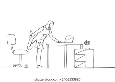 Continuous one line drawing Arab woman standing with one leg raised and her hand typing on a laptop. Taking time to stretch legs in the midst of busy work. Single line draw design vector illustration