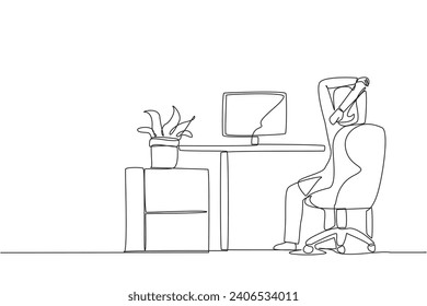 Continuous one line drawing Arab woman sitting in a work chair warming up hands above her head. Stretch watching streaming video. Stay active even if busy. Single line draw design vector illustration