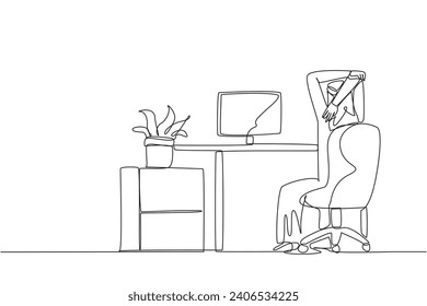 Continuous one line drawing Arab man sitting in a work chair warming up his hands above his head. Avoid being stiff due to making a lot of reports. Hectic. Single line draw design vector illustration