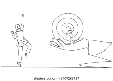 Continuous one line drawing Arab businesswoman excited to get the arrow target board from a giant hand. Focus and complete multiple targets. Achievement. Single line draw design vector illustration