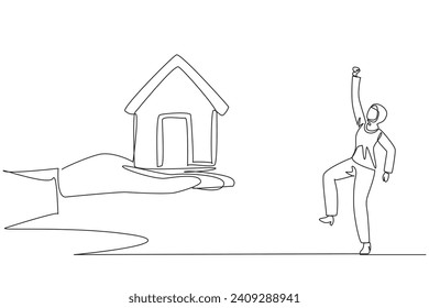 Continuous one line drawing Arab businesswoman excited to get miniature house from giant hand. Challenges need to be better. Investment as well as property. Single line draw design vector illustration