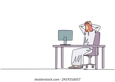 Continuous one line drawing Arab businessman sitting in work chair is holding head with both hands. In front of monitor face reality of many unpaid bills. Single line draw design vector illustration