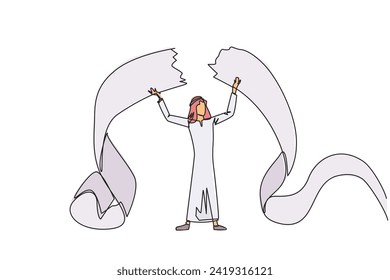 Una línea contínua que dibujaba a un empresario árabe desgarrando un papel de facturación que se sostenía por encima de su cabeza. Al no pagar las facturas, un hombre de negocios se llena de emociones. Ilustración vectorial de diseño de líneas simples