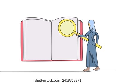 Continuous one line drawing Arab businesswoman stood holding the magnifier and checked big open book. Looking for valid information and data so that the business grows. Single line draw design vector