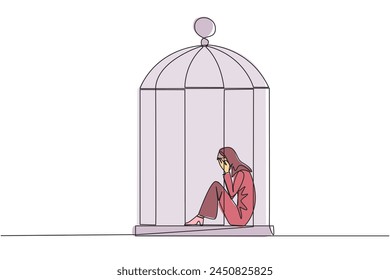 Continuous one line drawing Arab businesswoman trapped in the cage sitting covering face. Feel utterly defeated. Trapped in a dirty business. Mentally tired. Lost. Single line draw vector illustration