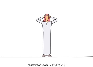 Continuous one line drawing Arab businessman standing straight holding head with both hands. Gestures excited or surprised. Unusual facial expressions. Startled. Single line draw vector illustration