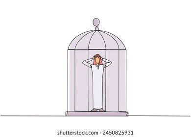 Continuous one line drawing Arab businessman trapped in cage standing frustrated holding head. Anxiety caused cannot move freely. Imprisoned. Can't work. Single line draw design vector illustration