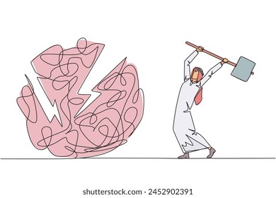 Continuous one line drawing Arab businessman preparing to hit big mess circle. Eliminate stress, anxiety. Focus on developing business. Achieve big profits. Single line draw design vector illustration