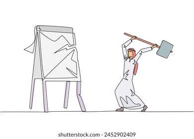 Continuous one line drawing Arab businessman preparing to hit the big flip chart. Rampage. Destroy business reports that are not as desired. Anger exploded. Single line draw design vector illustration