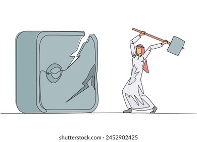 Continuous one line drawing Arab businessman preparing to hit big safe deposit box. Boss is furious want to destroy with hammer. Angry businessman. Lost. Single line draw design vector illustration