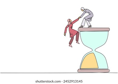 Continuous one line drawing Arab businesswoman helps colleague climb hourglass. Have many assignment deadlines. Sharing with colleague will become easier. Single line draw design vector illustration