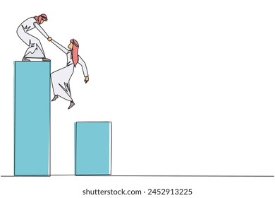 Una línea continua dibujando a un empresario árabe ayuda a un colega a subir el gráfico de barras. Ayuda a subir a tierras más altas. Avancemos y triunfemos juntos. Trabajo en equipo. Ilustración vectorial de diseño de dibujo de una sola línea