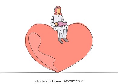 Continuous one line drawing Arab man sitting on big heart. Reading romantic fiction book. Enjoy storyline. Hobby reading story books. Book festival concept. Single line draw design vector illustration