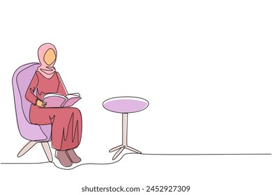 Continuous one line drawing Arab woman sitting reading on sofa. Reading focus in the living room. Relieve fatigue from daily activities. Book festival concept. Single line design vector illustration