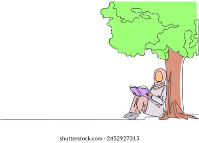 Continuous one line drawing Arab woman sitting reading book under shady tree. Continuing second volume of the fiction story book. Enjoy reading. Book festival. Single line design vector illustration
