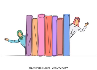 Continuous one line drawing Arab man woman appears from behind a row of books. Invitation to read book at library. Like to reading a book. Book festival concept. Single line design vector illustration