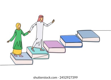 Continuous one line drawing Arab man woman climb stairs from books. Reading increases knowledge which can increase dignity of better life. Book festival concept. Single line design vector illustration