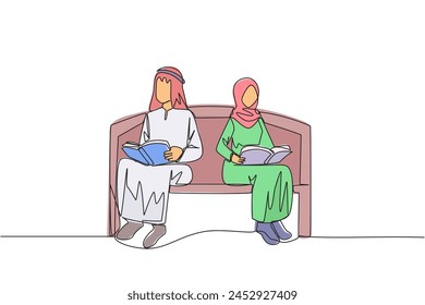 Continuous one line drawing Arab man woman sitting reading on chair in university park. Prepare for final exams with serious reading. Book festival concept. Single line draw design vector illustration