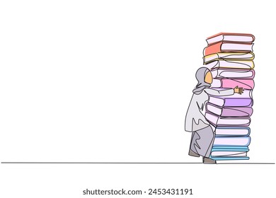 Continuous one line drawing Arab woman hugging very high pile of books. Hobby to collecting and reading books. Filling free time with useful things. Read. Single line draw design vector illustration