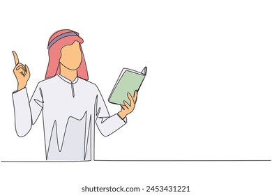Kontinuierliche eine Linie zeichnende arabische Mann stehend Buch lesen. Geste bringt Idee. Buch kann aus verschiedenen Blickwinkeln sehen. Brillante Idee vom Lesen des Buches. Vektorillustration des Zeichnens einer einzelnen Linie