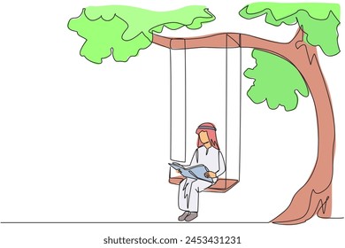 Continuous one line drawing Arab man sitting on swing under shady tree reading book. High enthusiasm for reading. Read anywhere. Reading increases insight. Single line draw design vector illustration