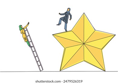 Continuous one line drawing Arab businesswoman kicks opponent who climbing the star with a ladder. Dropping opponents from achieving the same dream. Rival. Single line draw design vector illustration