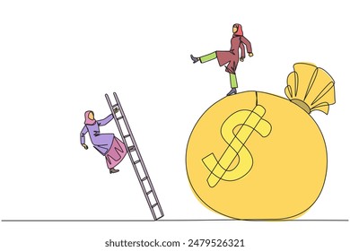 Continuous one line drawing Arab businesswoman kicks opponent who climbs money bag with ladder. Cheated by a business partner. Unprofitable business. Rival. Single line draw design vector illustration