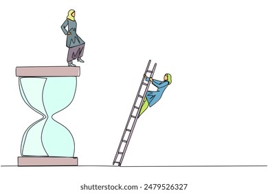 Una línea continua que dibuja a una empresaria árabe patea al oponente que sube un reloj de arena con una escalera. No es capaz de completar bien los plazos. Se cayó bruscamente. Rival. Ilustración vectorial de diseño de dibujo de una sola línea