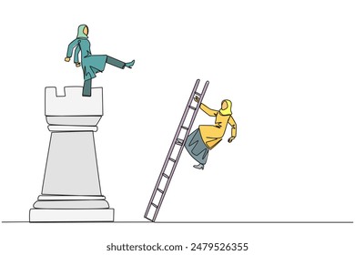 Continuous one line drawing Arab businesswoman kicks rival who climbs chess rook with ladder. Wrong move. Wrong strategy. Plan leaked by colleague. Traitor. Single line draw design vector illustration