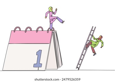 Continuous one line drawing Arab businesswoman kicks opponent who climbing a desk calendar with a ladder. Vacations will be canceled due to many deadlines. Single line draw design vector illustration
