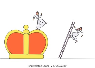 Continuous one line drawing Arab businessman kicks opponent who climbs the crown with ladder. Making rivals fall from business glory. Unhealthy competition. Single line draw design vector illustration